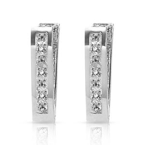 14K. SOLID GOLD OVAL HUGGIE EARRING WITH DIAMONDS (White Gold)
